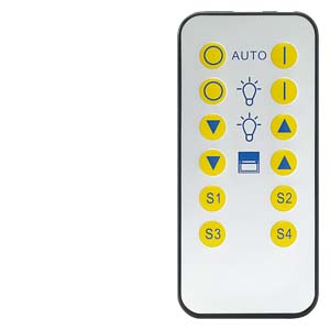 A remote control with yellow buttons on it.